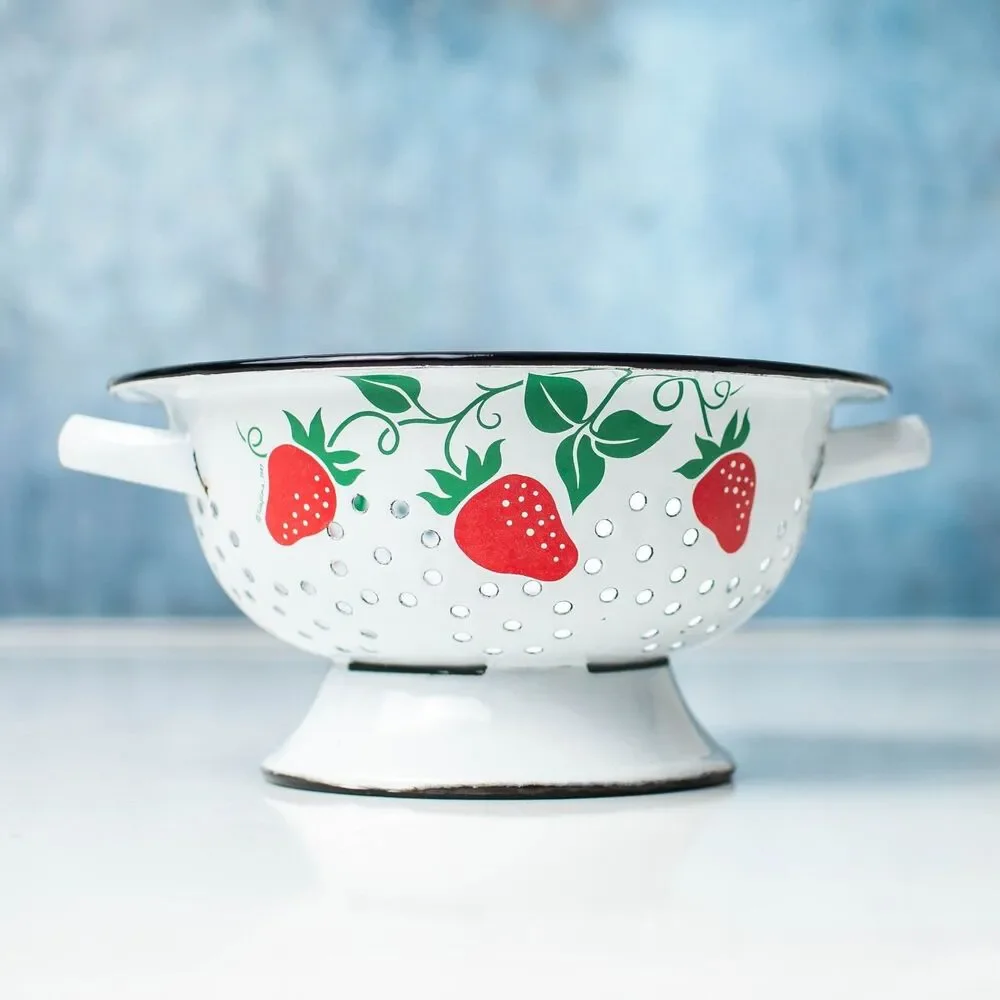 Vintage Enamelware Strawberry Colander Strainer White Red Footed Farmhouse